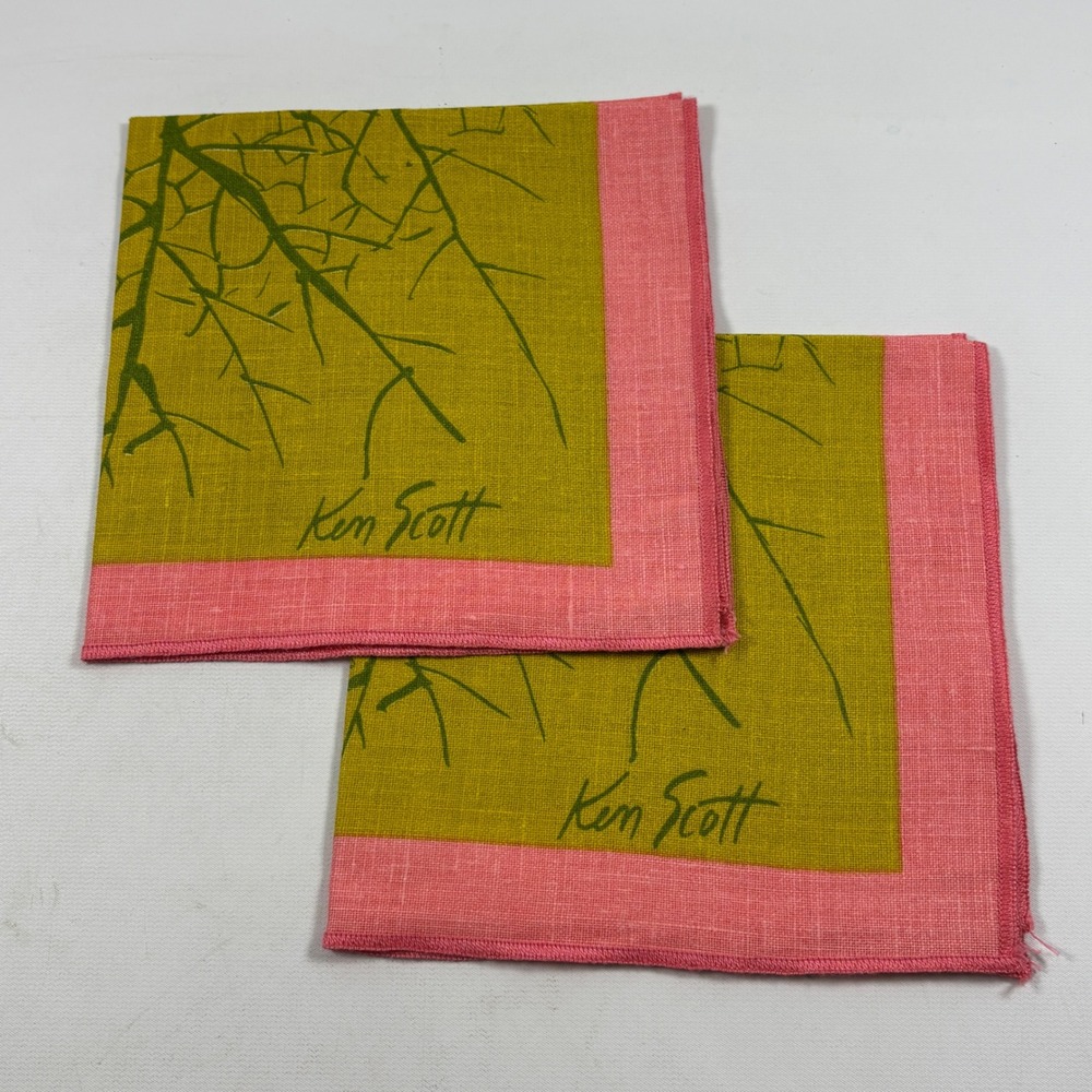 Vintage Ken Scott Napkin Set of 2 Green Pink Tree Leaf Print Linen